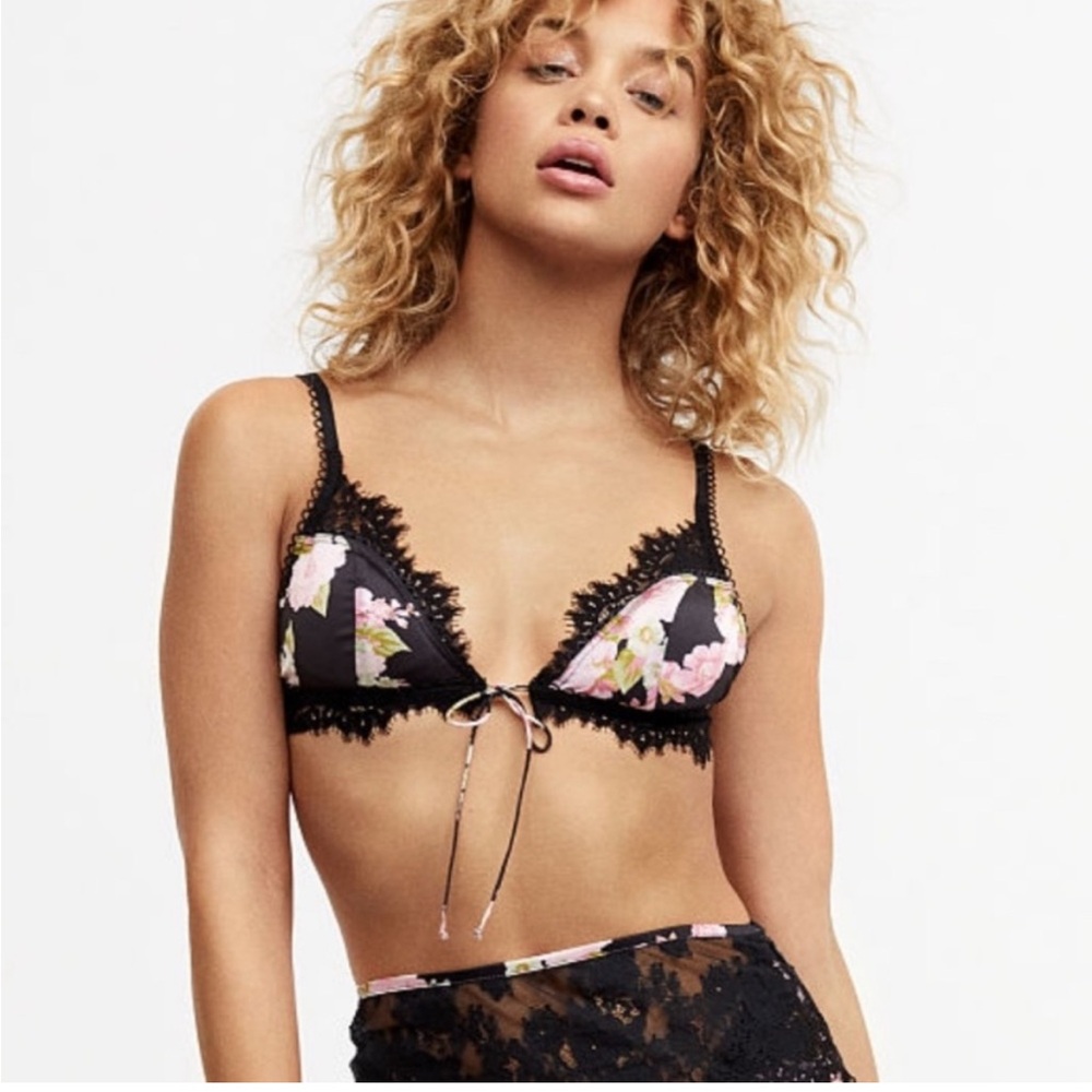 For Love And Lemons Black and Pink Floral Lace Bra